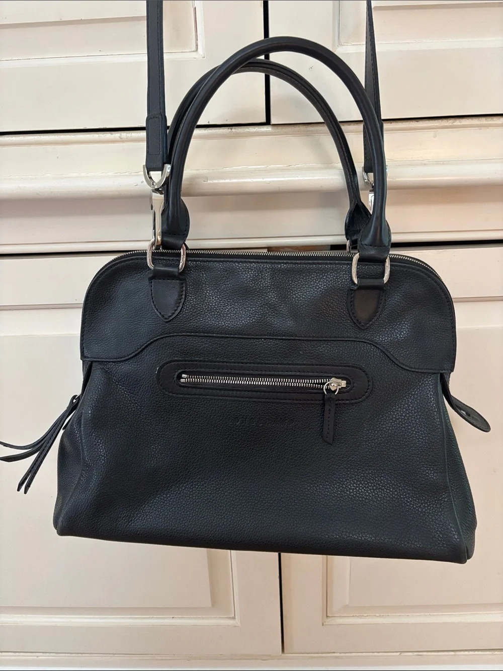 Longchamp Classic Black Pebbled Leather Satchel Handbag Shoulder Bag